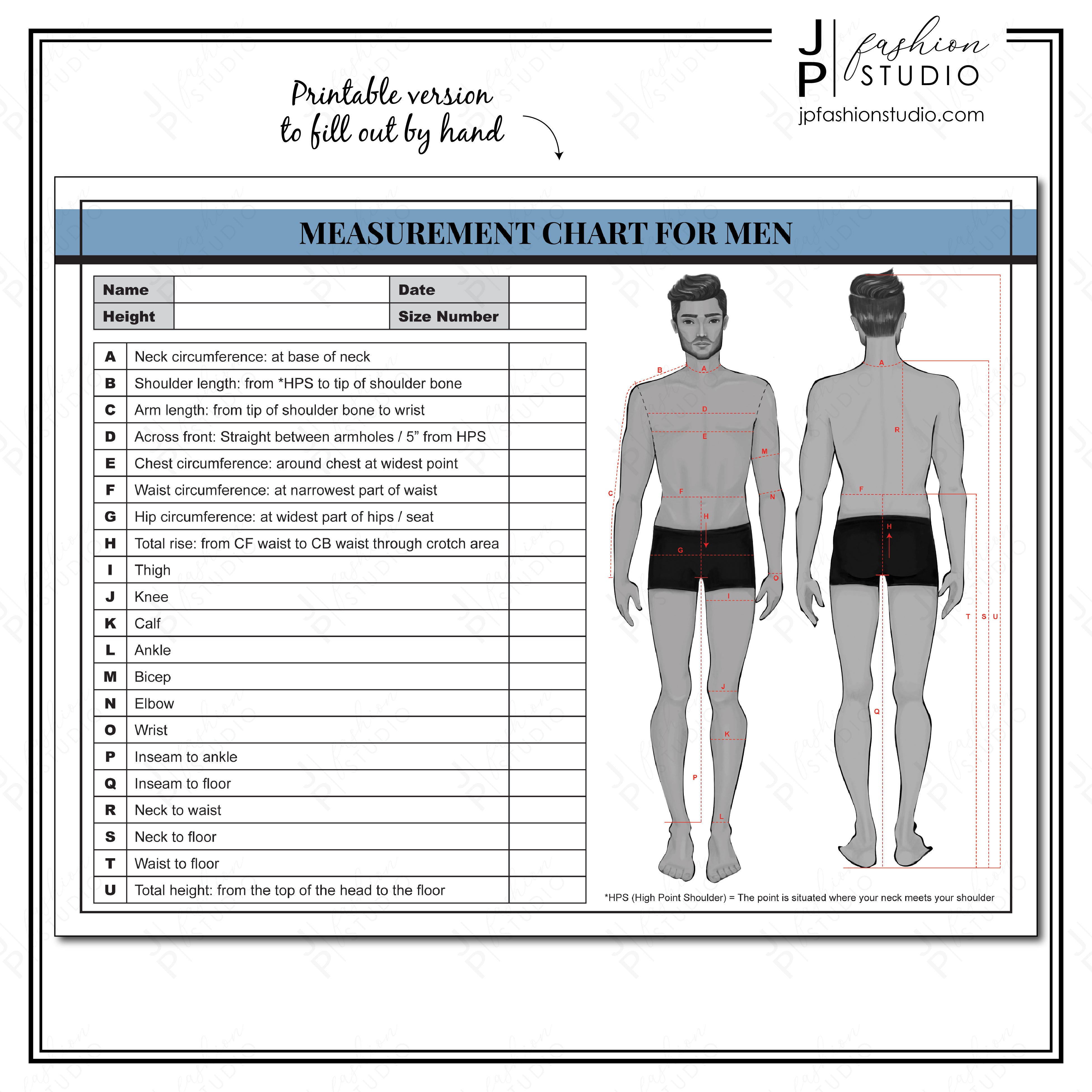 PRINTABLE Men's Body Measurement Sheet / Fashion Designer Template / S