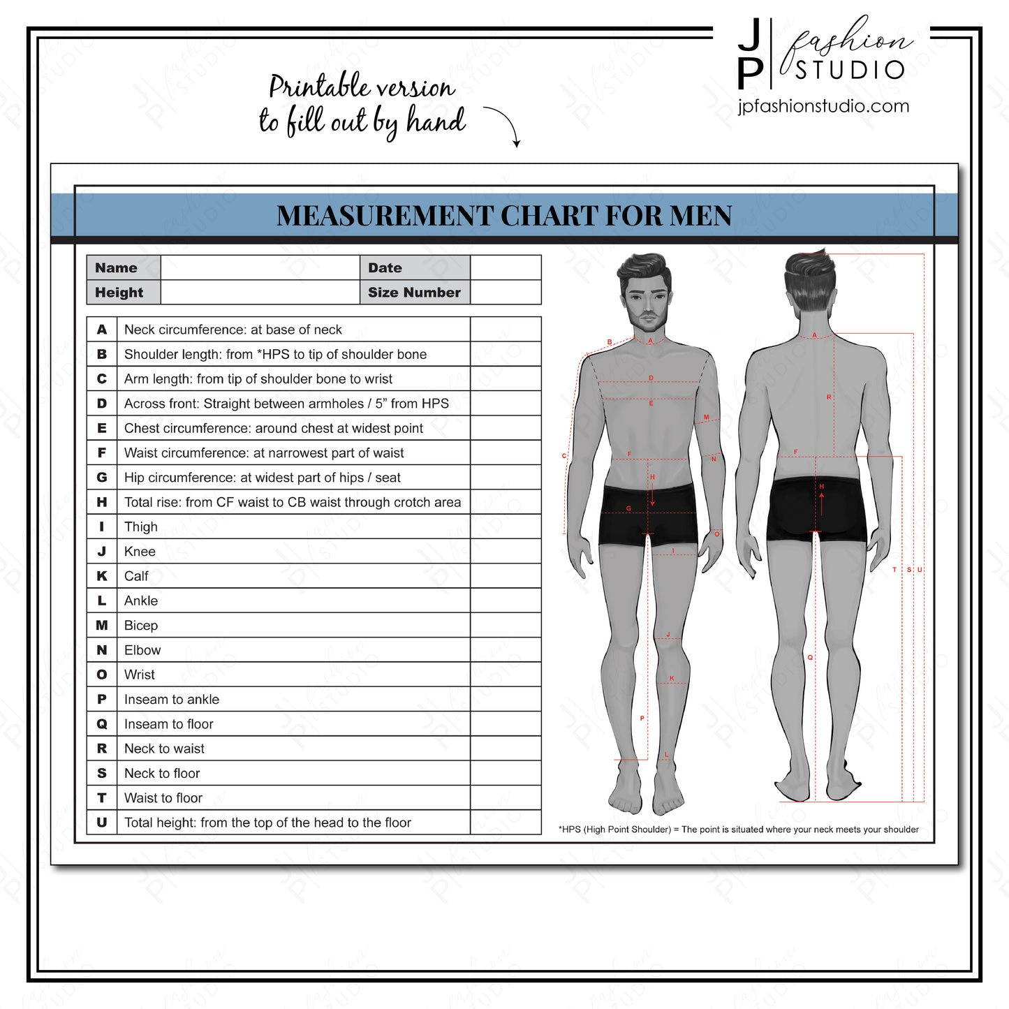 PRINTABLE Men's Body Measurement Sheet / Fashion Designer Template / Sewing Measurement Sheet / PDF & JPG - JPFashionStudio