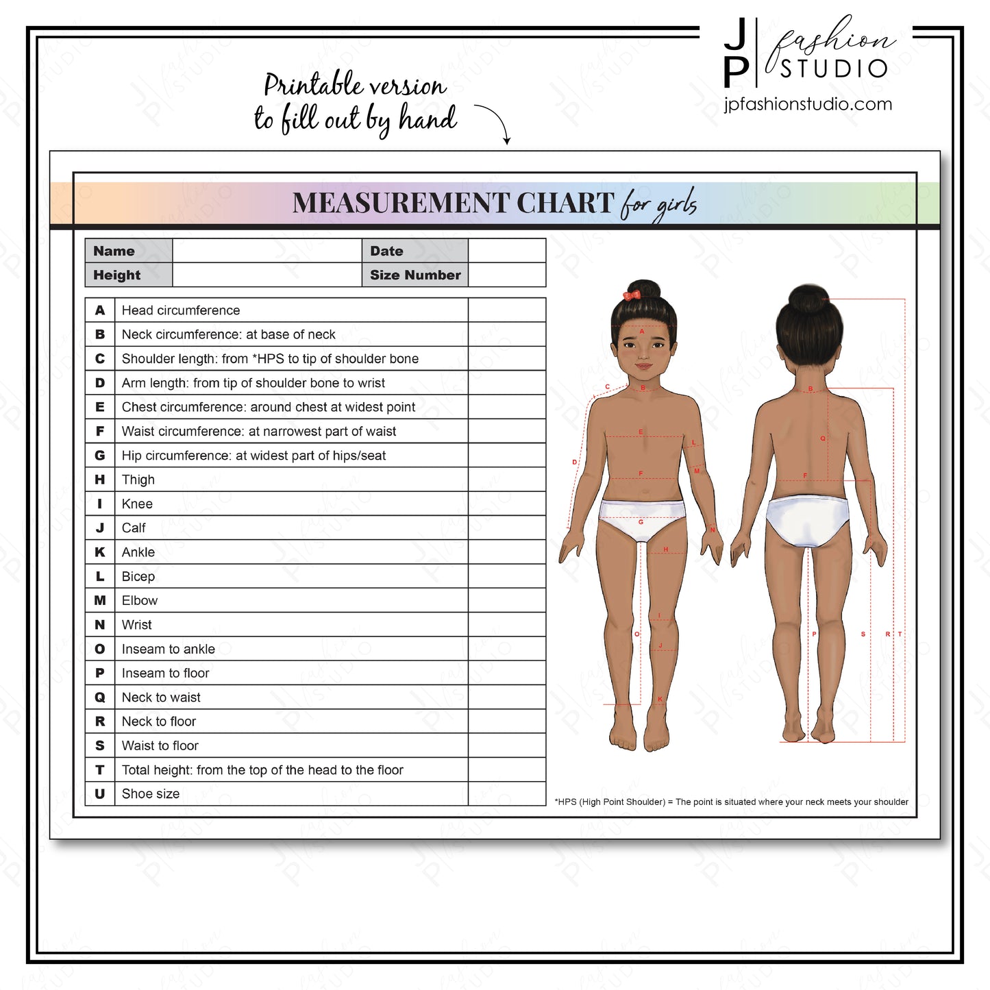 PRINTABLE Girls Body Measurement Sheet, Kids Fashion Designer Template, Kids Measuring, Sewing Measurement Sheet, PDF, JPG - JPFashionStudio