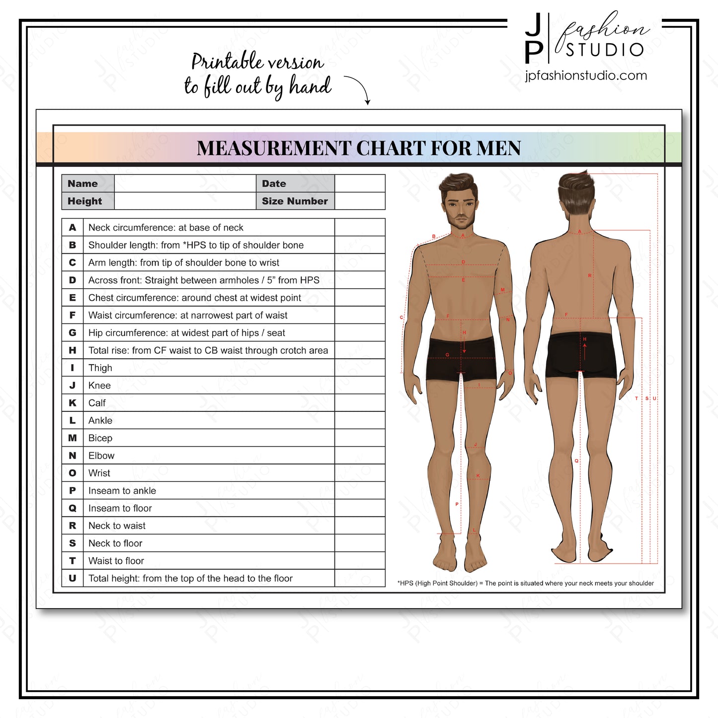 PRINTABLE Men's Body Measurement Sheet, Fashion Designer Template, Sewing Measurement Sheet , PDF , JPG