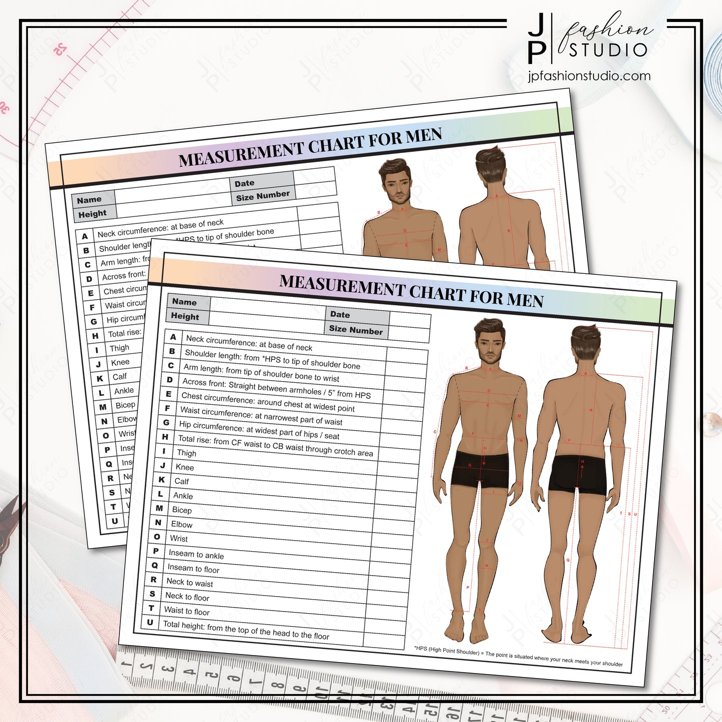 PRINTABLE Men's Body Measurement Sheet, Fashion Designer Template, Sewing Measurement Sheet , PDF , JPG