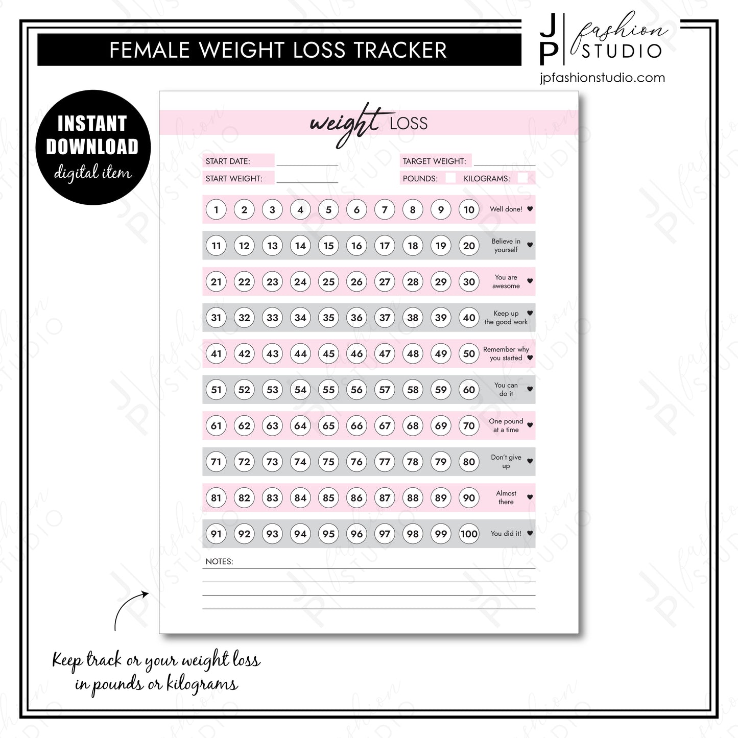 PRINTABLE Female Body Measurement Tracker, Weight Loss Tracker Printable, Weight Loss Planner, Diet Planner, PDF, A4, A5, US Letter, Half Letter