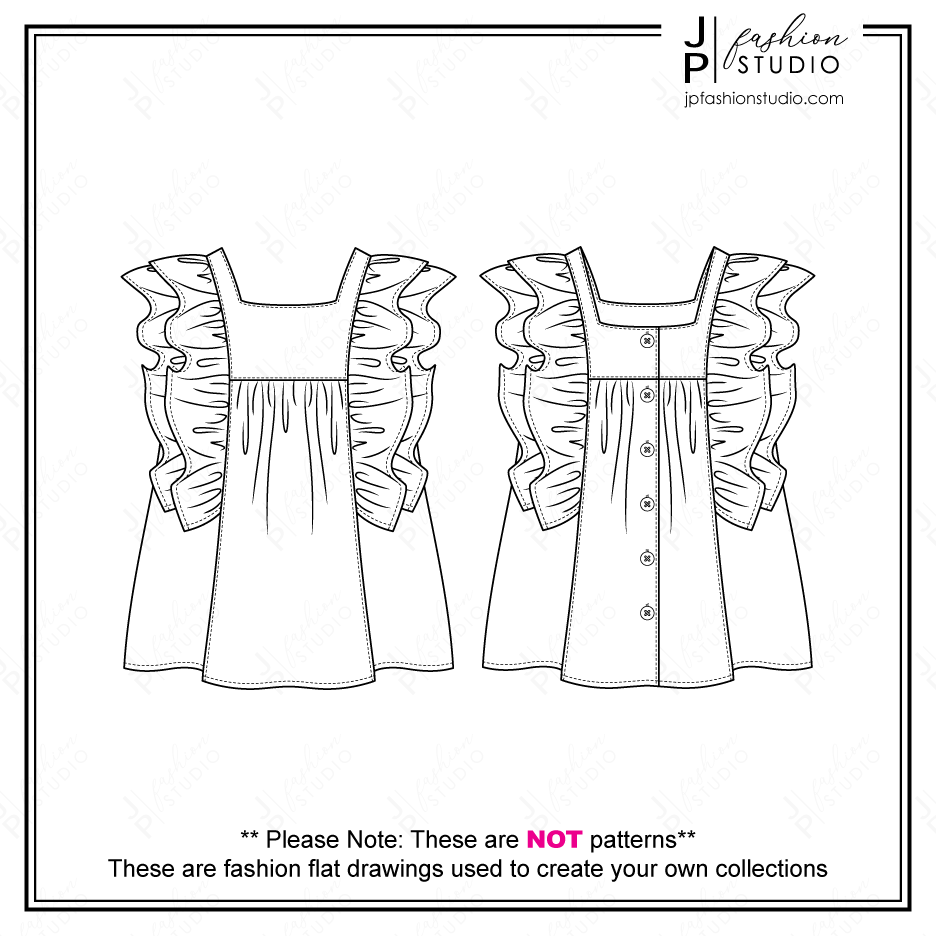 Girls Ruffle Blouse Fashion Flat Sketch Fashion Technical Drawing Peasant Top with Frill detail Sketch Children s Clothing Design Fashion Cad