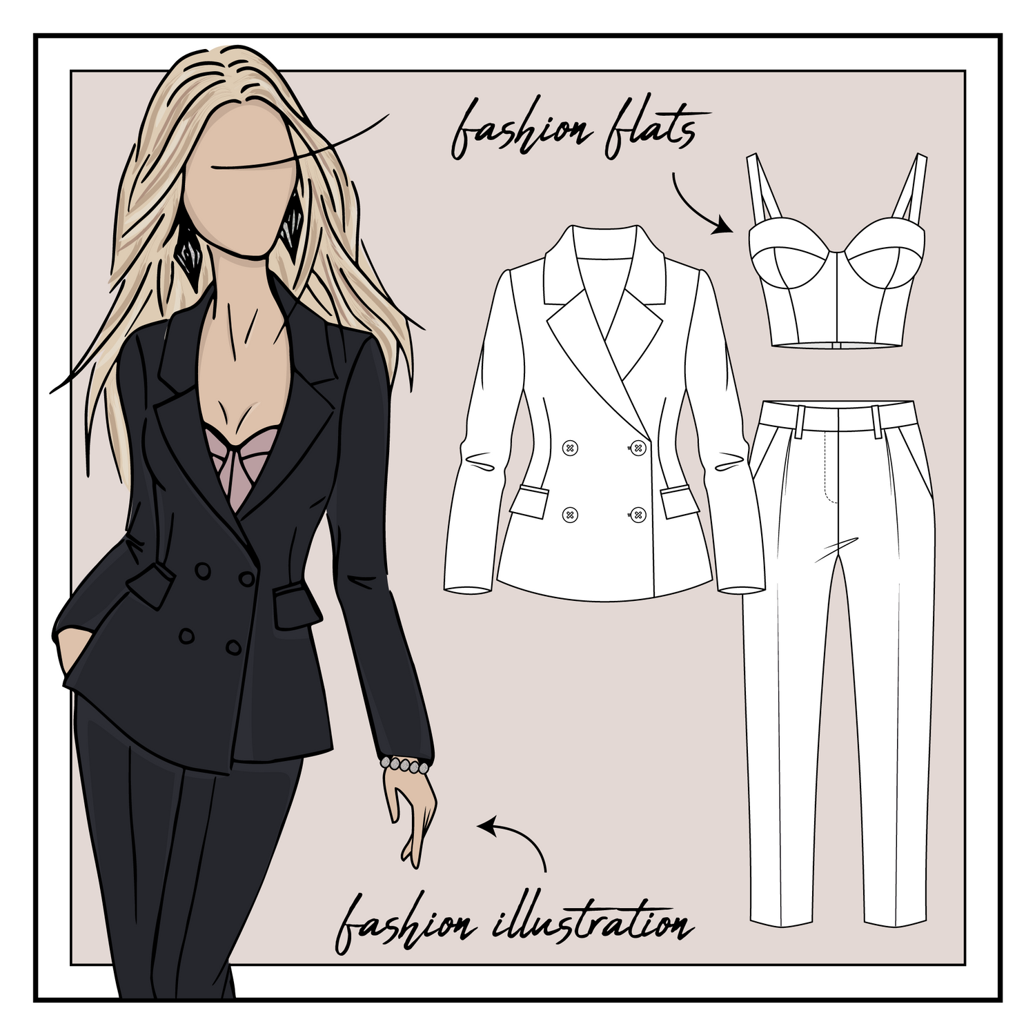 what is the difference between fashion flat sketches and fashion illustrations, fashion figures, fashion technical drawings, fashion croquis, fashion cad design, fashion design sketch, freelance fashion designer, pantsuit sketch, fashion flats