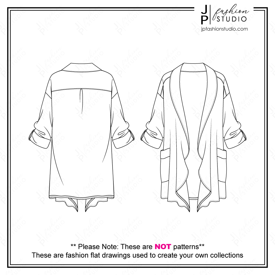 Women Casual Outfit Sketches, 3 pieces set, Fashion Flat Sketches, Fall Outfit Fashion Technical Drawings, Long Sleeves Crop Top with Mock Neck, Stretch Pant, Open Jacket, fashion design sketches, fashion figures