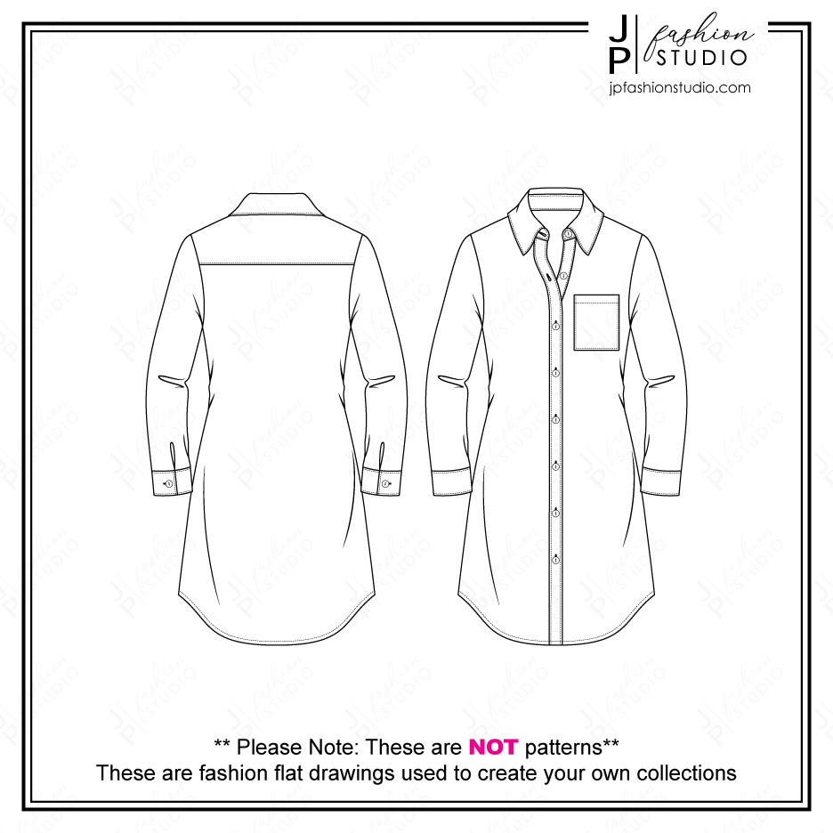 Women s Shirt Dress Fashion Flat Sketch CAD Design Fashion Technic JPFashionStudio