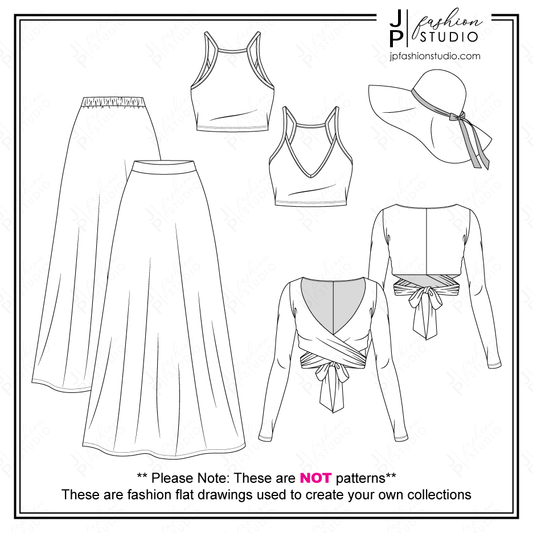 Women Summer Casual Outfit Fashion Flat Sketches, Fashion Technical Drawings, Crop Tank Top and Long Sleeves Wrap Top, Maxi Skirt, Wide Brim Hat, Women Fashion CAD design for Adobe Illustrator