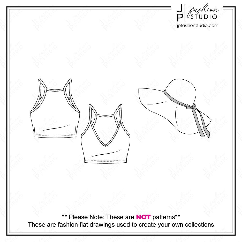 Women Summer Casual Outfit Fashion Flat Sketches, Fashion Technical Drawings, Crop Tank Top and Long Sleeves Wrap Top, Maxi Skirt, Wide Brim Hat, Women Fashion CAD design for Adobe Illustrator