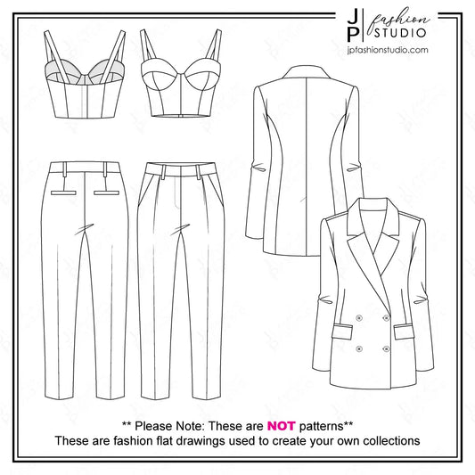 Women Suit Outfit Fashion Flat Sketches / Business casual / Bridal Suit / Chic Classy Pantsuit Technical Drawings for Adobe Illustrator. Oversized Blazer Jacket Double Breasted, Bustier Corset Cropped Top and Women's Trousers. 