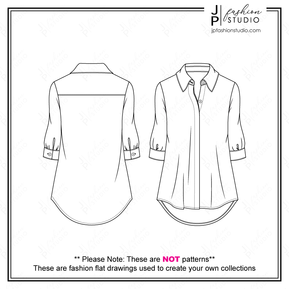 Women Blouse Sketch Shirt Fashion Flat Sketch Fashion Technical Drawing Hidden Placket Tunic Length