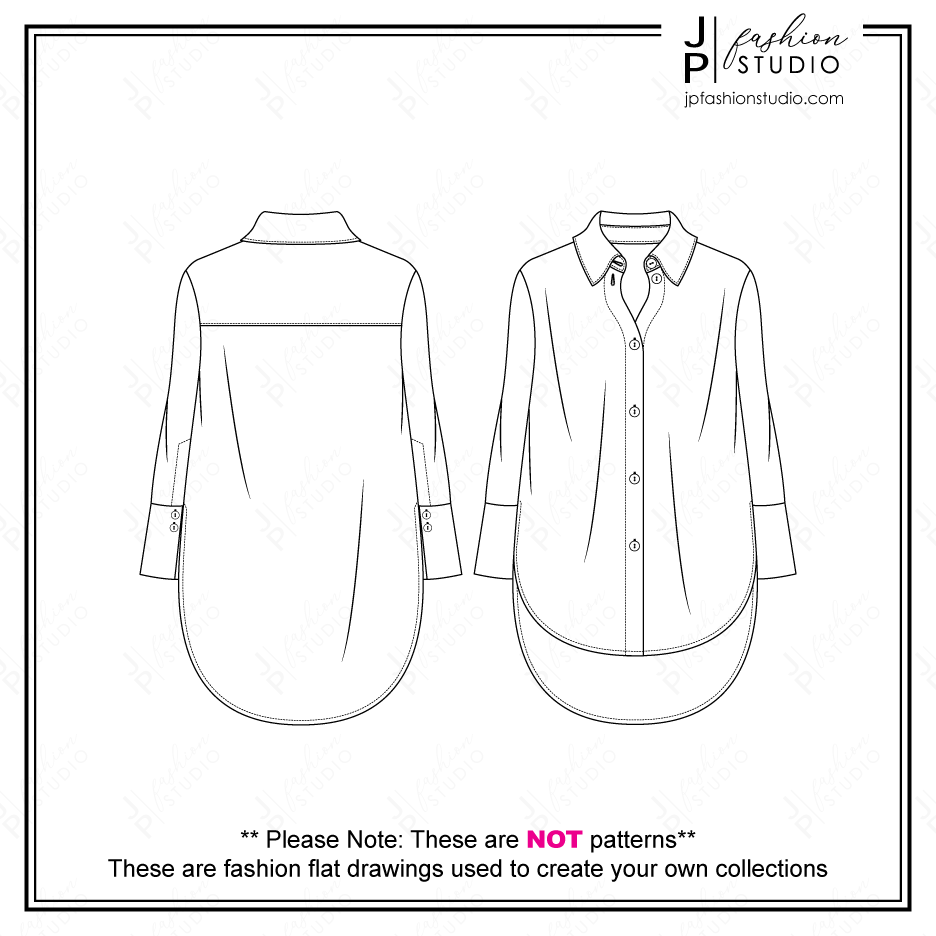 Women Oversized Shirt Sketch High Low Blouse technical drawing Fas JPFashionStudio