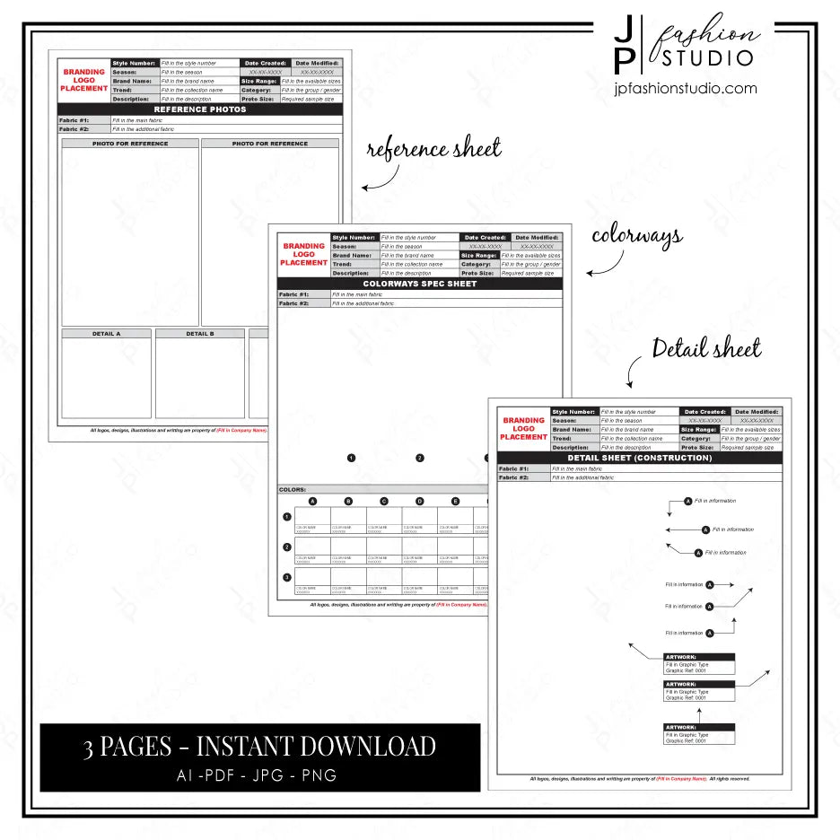 Tech pack template, Fashion template, editable, printable, fashion design, detail sheet, colorways