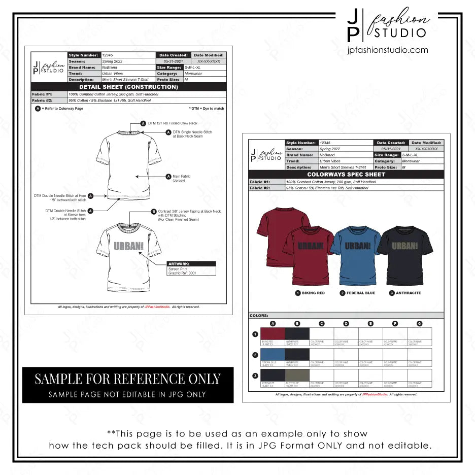 Tech pack template, Fashion template, editable, printable, fashion design, detail sheet, colorways