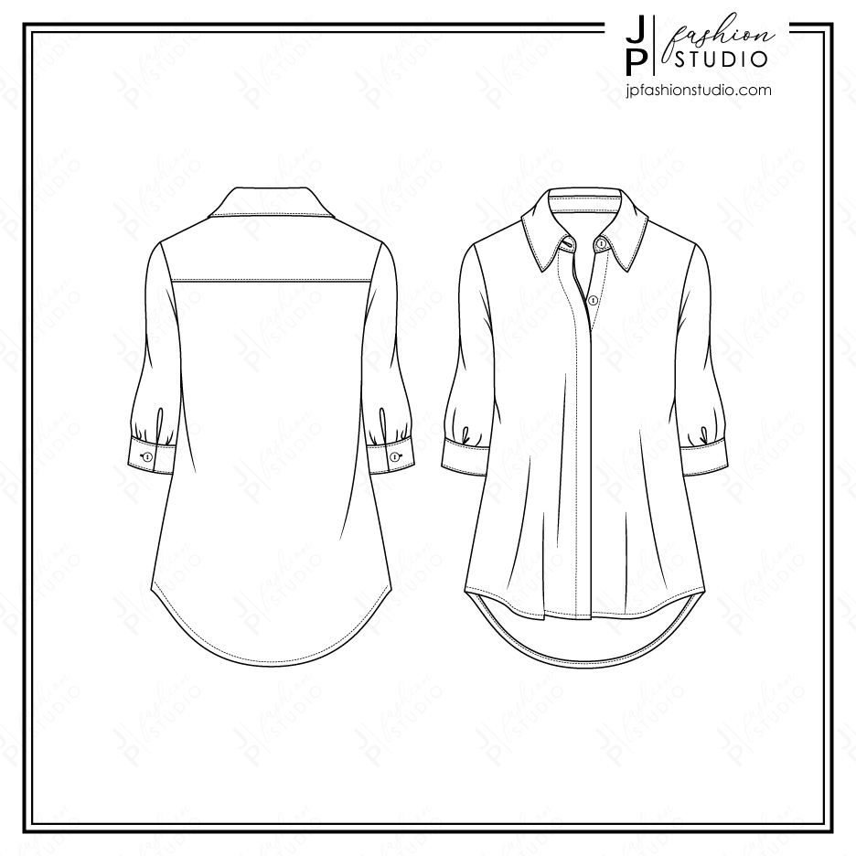 Women Blouse Sketch / Shirt Fashion Flat Sketch / Fashion Technical Drawing  / Hidden Placket / Tunic Length