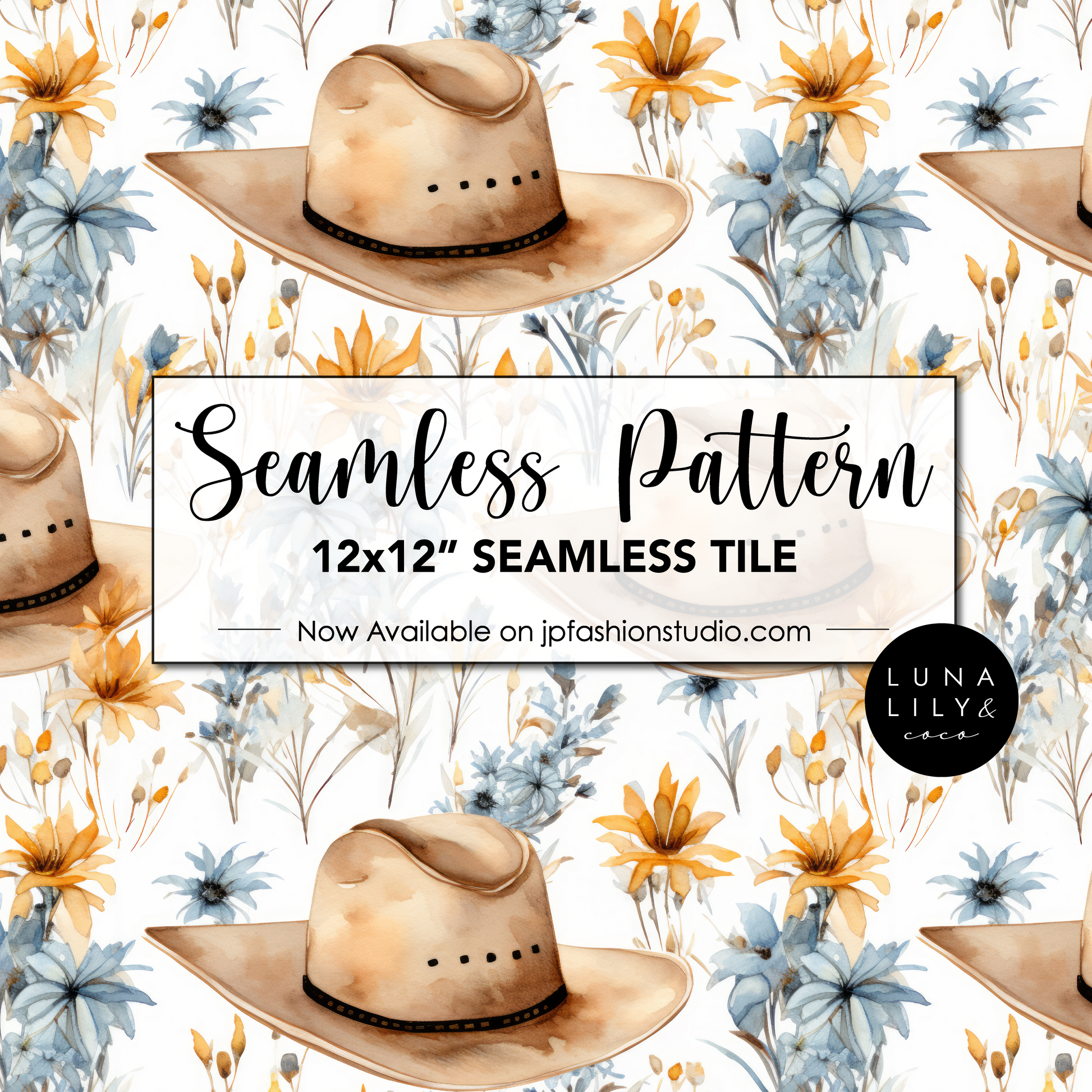 Cowboy Hats Pattern, Cowgirl Hat Floral Seamless Pattern, Western Digital Paper, Watercolor Cowboy Hats, Repeat Pattern, Digital Art - JPFashionStudio