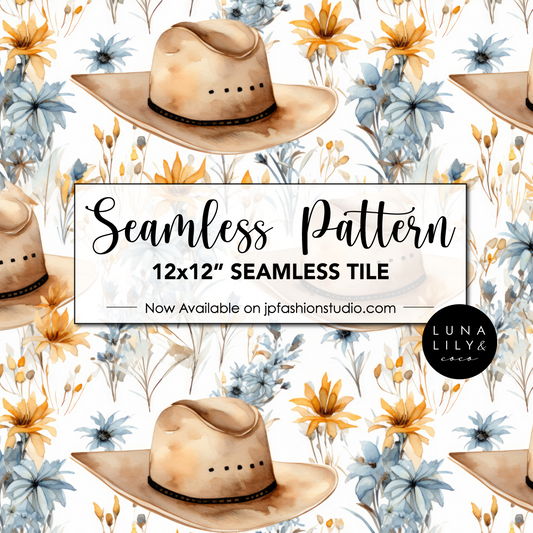 Cowboy Hats Pattern, Cowgirl Hat Floral Seamless Pattern, Western Digital Paper, Watercolor Cowboy Hats, Repeat Pattern, Digital Art - JPFashionStudio