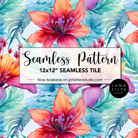 Tropical Flowers Seamless Pattern Tile, Tropical Prints, Colorful Prints, Repeating Pattern, Floral Seamless Digital Pattern, Commercial Use - JPFashionStudio