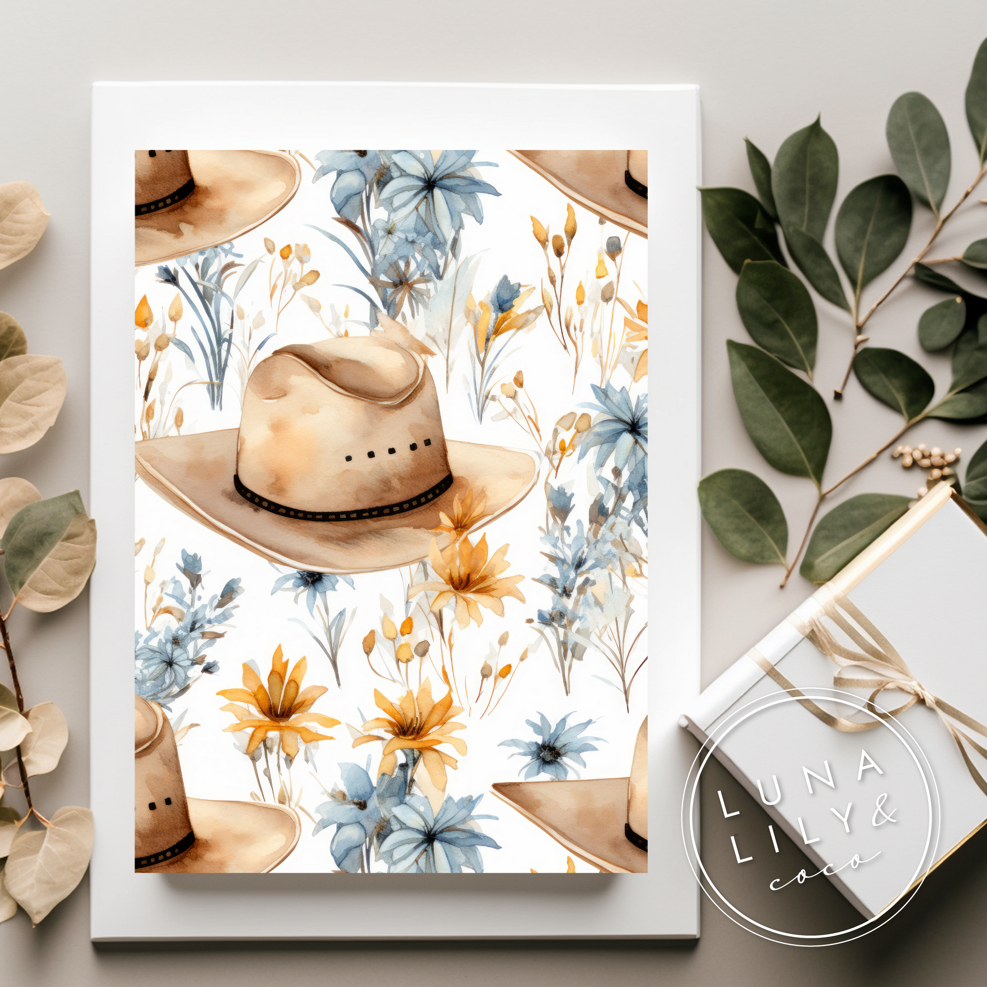 Cowboy Hats Pattern, Cowgirl Hat Floral Seamless Pattern, Western Digital Paper, Watercolor Cowboy Hats, Repeat Pattern, Digital Art - JPFashionStudio