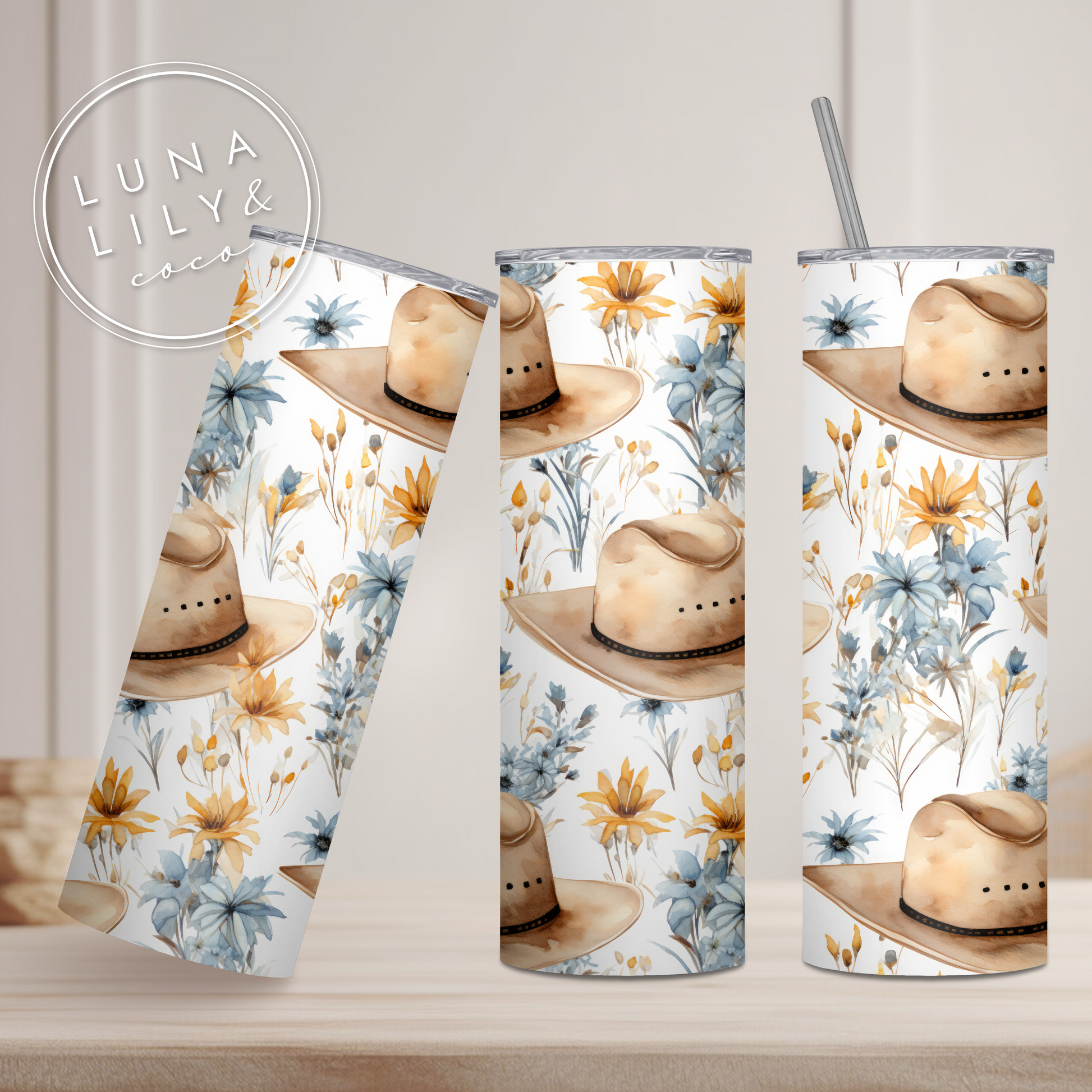 Cowboy Hats Pattern, Cowgirl Hat Floral Seamless Pattern, Western Digital Paper, Watercolor Cowboy Hats, Repeat Pattern, Digital Art - JPFashionStudio