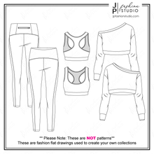 Load image into Gallery viewer, Women Activewear Outfit Sketches, Fashion Flat Sketches, Fashion Technical Drawings, Crop Off-Shoulder Sweatshirt sketch, Sports Bra sketch, Legging flat sketch, for Adobe Illustrator, Active clothing, Yoga outfit, athletic, fashion CADs
