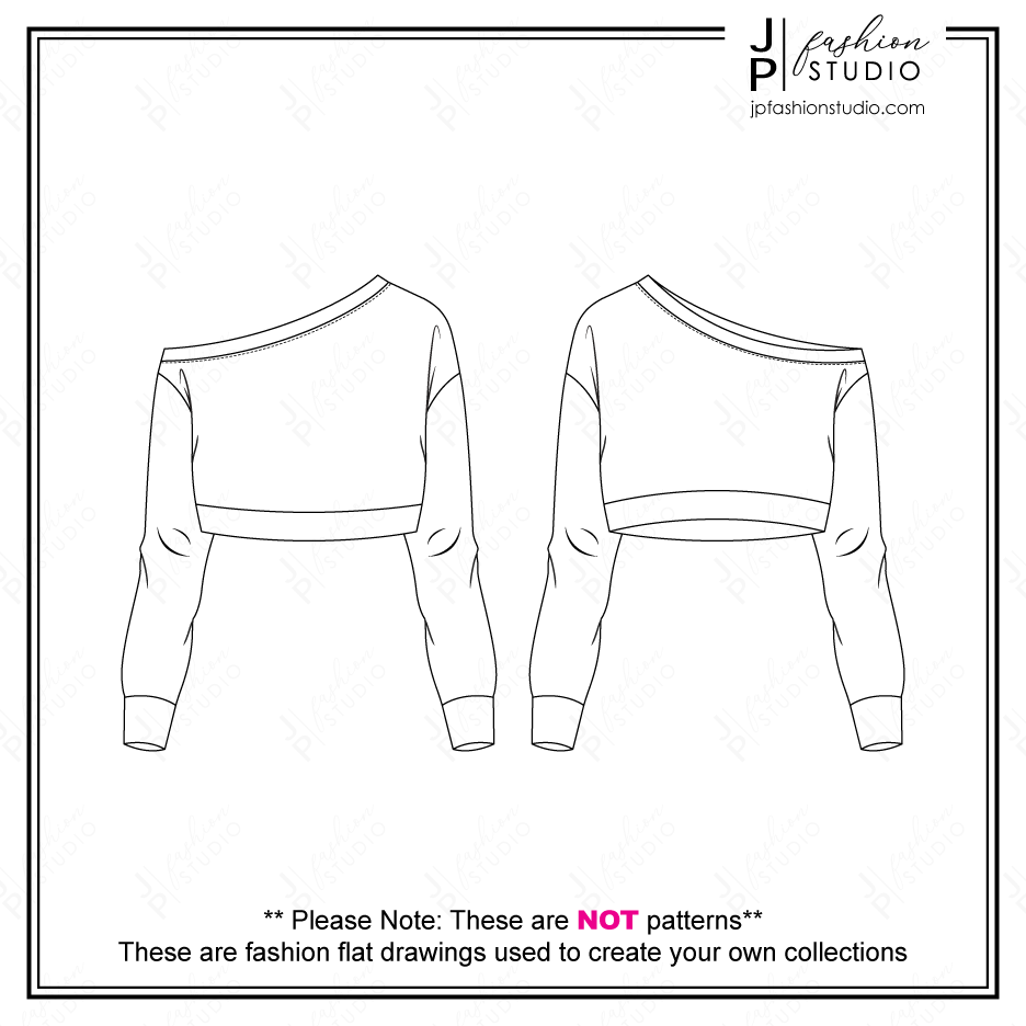 Women Activewear Outfit Sketches, Fashion Flat Sketches, Fashion Technical Drawings, Crop Off-Shoulder Sweatshirt sketch, Sports Bra sketch, Legging flat sketch, for Adobe Illustrator, Active clothing, Yoga outfit, athletic, fashion CADs