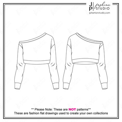Women Activewear Outfit Sketches, Fashion Flat Sketches, Fashion Technical Drawings, Crop Off-Shoulder Sweatshirt sketch, Sports Bra sketch, Legging flat sketch, for Adobe Illustrator, Active clothing, Yoga outfit, athletic, fashion CADs