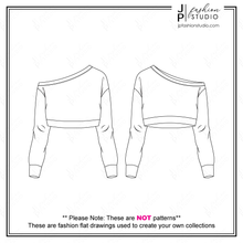 Load image into Gallery viewer, Women Activewear Outfit Sketches, Fashion Flat Sketches, Fashion Technical Drawings, Crop Off-Shoulder Sweatshirt sketch, Sports Bra sketch, Legging flat sketch, for Adobe Illustrator, Active clothing, Yoga outfit, athletic, fashion CADs
