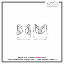 Load image into Gallery viewer, Women Activewear Outfit Sketches, Fashion Flat Sketches, Fashion Technical Drawings, Crop Off-Shoulder Sweatshirt sketch, Sports Bra sketch, Legging flat sketch, for Adobe Illustrator, Active clothing, Yoga outfit, athletic, fashion CADs
