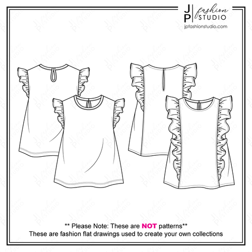 Baby Girls Frill Tops Sketches, Toddler Girls Ruffle Tops Fashion Flat Sketches, Kids Fashion Technical Drawings, Fashion CAD Designs for Adobe Illustrator, fashion figures