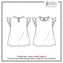 Load image into Gallery viewer, Baby Girls Frill Tops Sketches, Toddler Girls Ruffle Tops Fashion Flat Sketches, Kids Fashion Technical Drawings, Fashion CAD Designs for Adobe Illustrator, fashion figures
