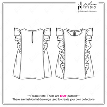 Load image into Gallery viewer, Baby Girls Frill Tops Sketches, Toddler Girls Ruffle Tops Fashion Flat Sketches, Kids Fashion Technical Drawings, Fashion CAD Designs for Adobe Illustrator, fashion figures
