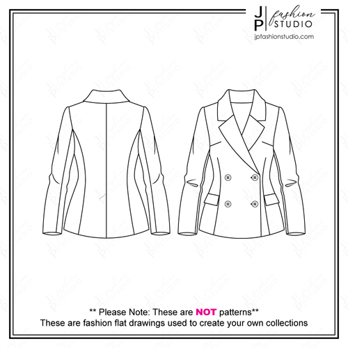 Women Blazer Fashion Flat Sketch, Women Business Casual Outfit, Jacket, Fashion Technical Drawings