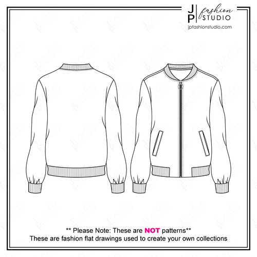 Women's Bomber Jacket Sketch, Fashion Technical Drawing, Fashion Flat Sketch, Fashion croquis, CAD Design, Coat sketch, Fashion Template, Adobe Illustrator