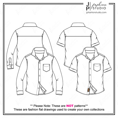 Boys Shirts Fashion Flat Sketches, Kids Fashion Technical Drawings