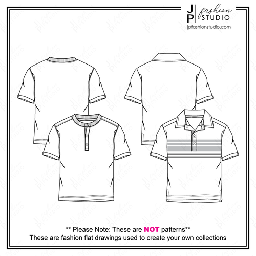 Boys Short Sleeves T-Shirts Sketches, Fashion Flat Sketches, Fashion technical drawings, Polo top, Henley top