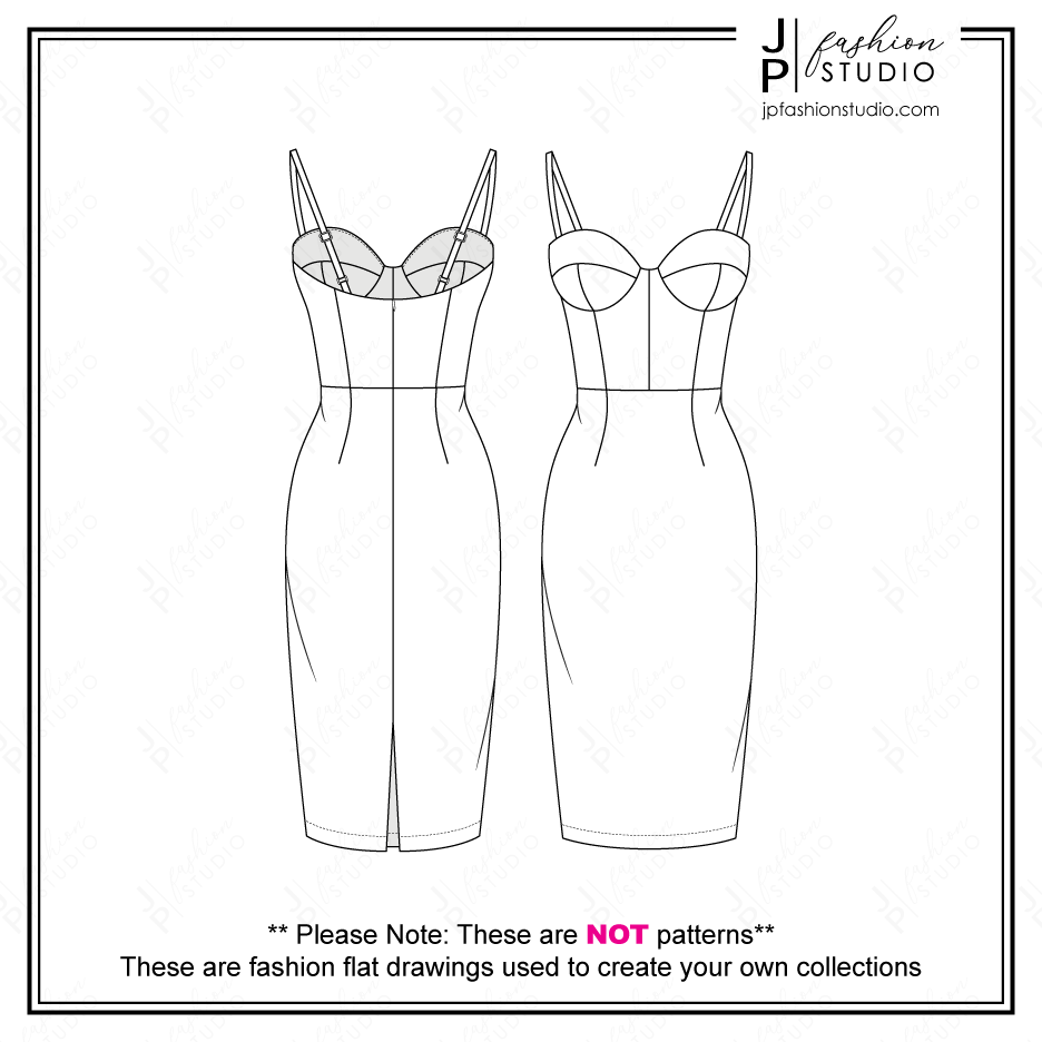 Women Bustier Dress Fashion Flat Sketch / Corset Dress Fashion Croquis / Technical Drawing for Adobe Illustrator