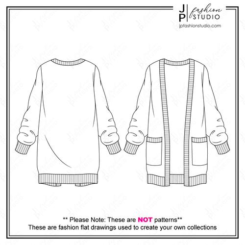 Women Oversized Cardigan Fashion Flat Sketch, Sweater Fashion Technical Drawing, Open Front Cardigan Sweater Sketch, Adobe Illustrator Fashion template