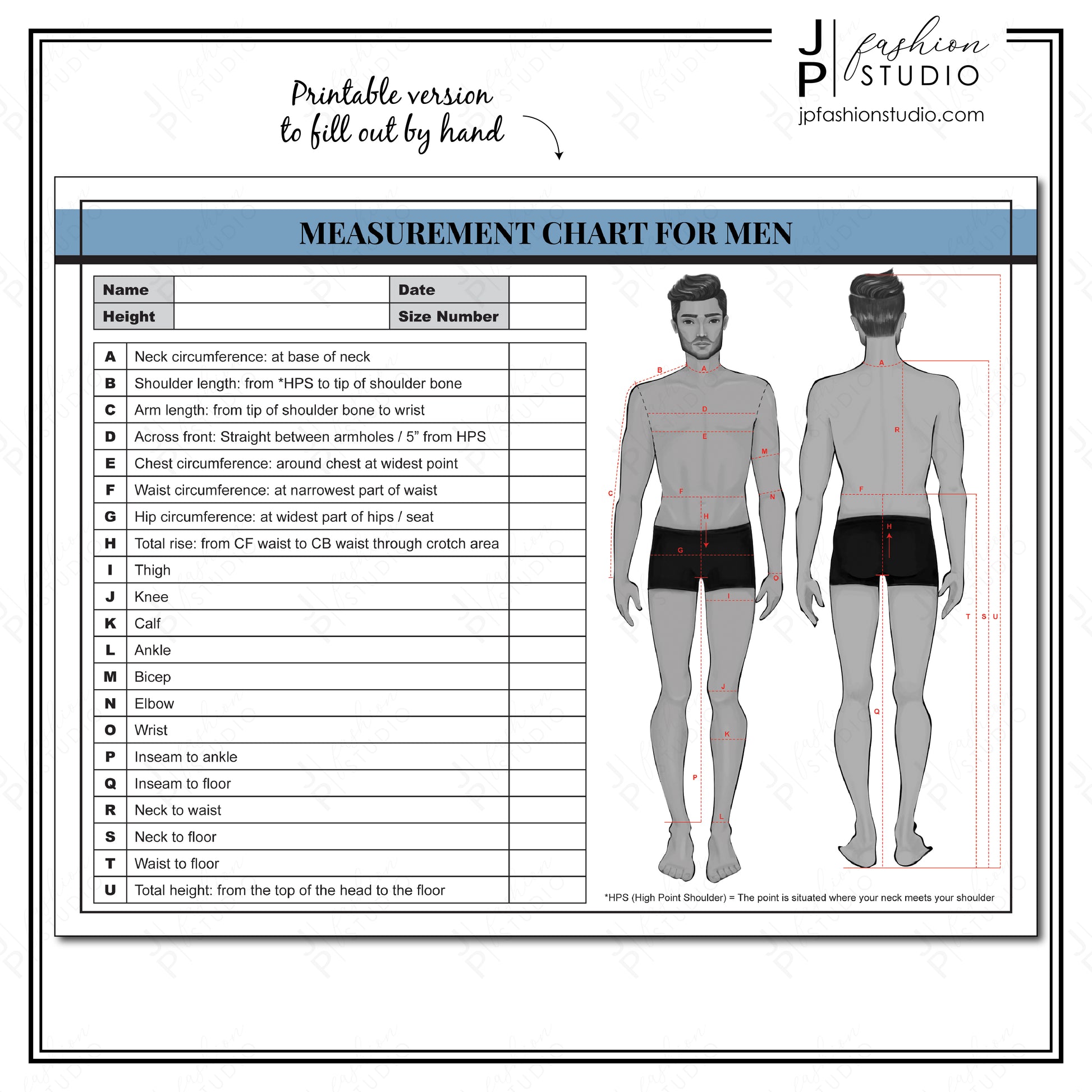 PRINTABLE Men's Body Measurement Sheet / Fashion Designer Template / Sewing Measurement Sheet / PDF & JPG - JPFashionStudio