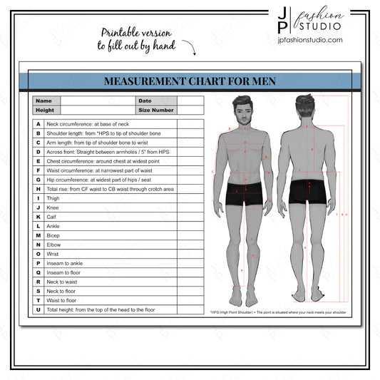 PRINTABLE Men's Body Measurement Sheet / Fashion Designer Template / Sewing Measurement Sheet / PDF & JPG - JPFashionStudio