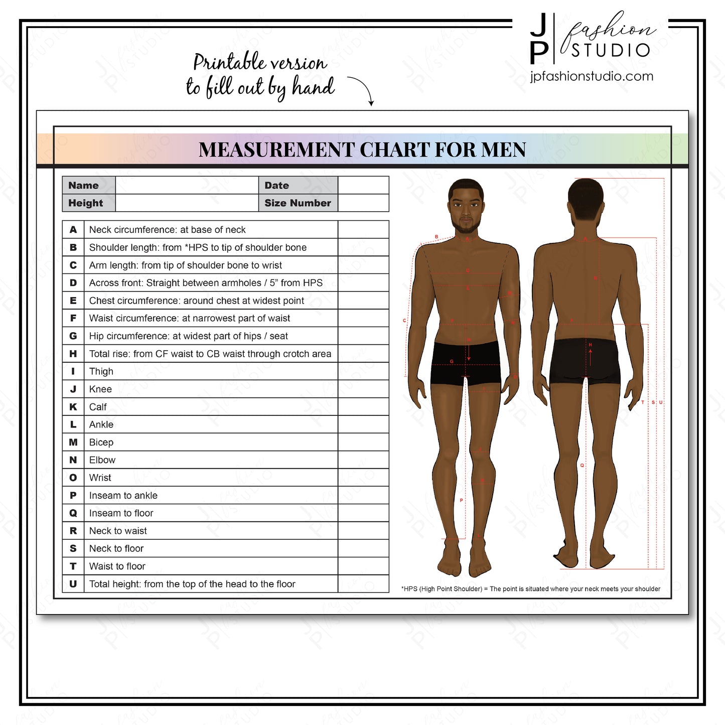 PRINTABLE Body Measurement Sheet for Black Men, Fashion Designer Template, African American Man, Sewing Measurement Sheet, PDF, JPG