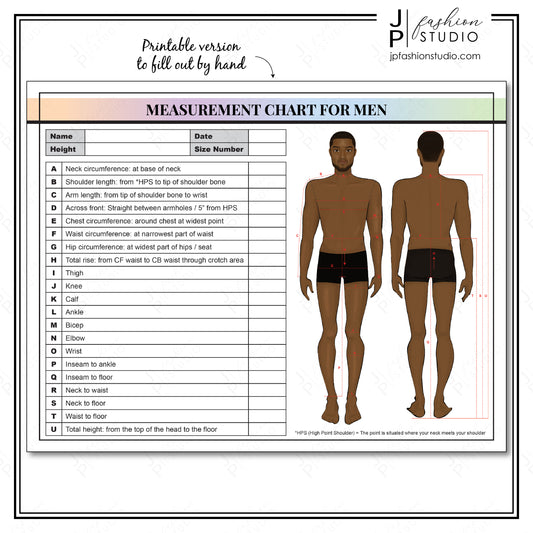 PRINTABLE Body Measurement Sheet for Black Men, Fashion Designer Template, African American Man, Sewing Measurement Sheet, PDF, JPG