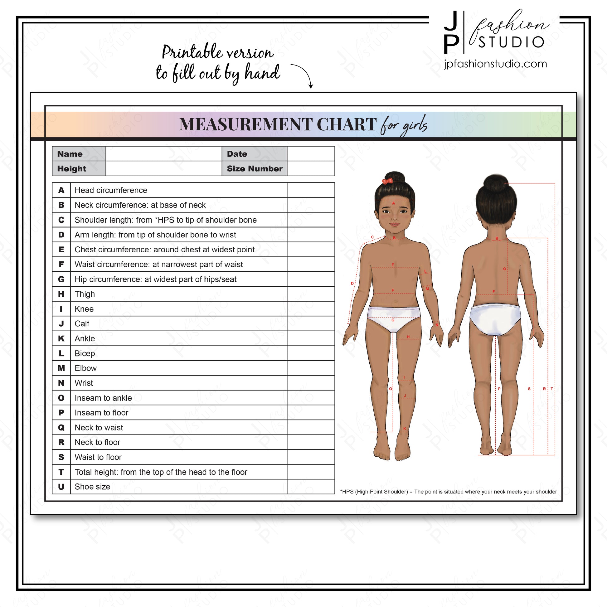 PRINTABLE Girls Body Measurement Sheet, Kids Fashion Designer Template, Kids Measuring, Sewing Measurement Sheet, PDF, JPG - JPFashionStudio
