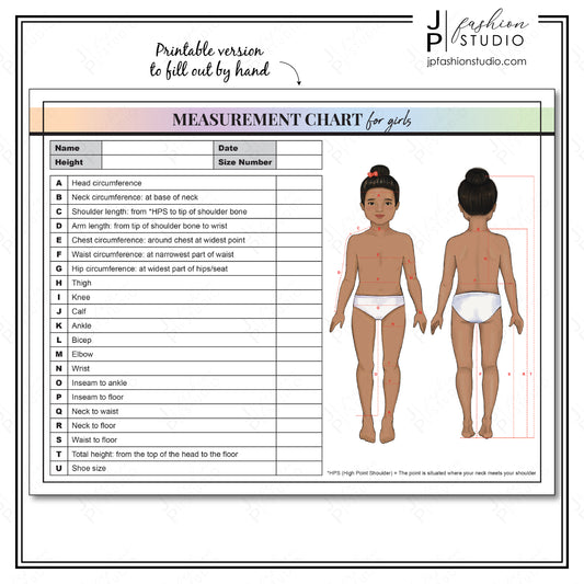 PRINTABLE Girls Body Measurement Sheet, Kids Fashion Designer Template, Kids Measuring, Sewing Measurement Sheet, PDF, JPG - JPFashionStudio
