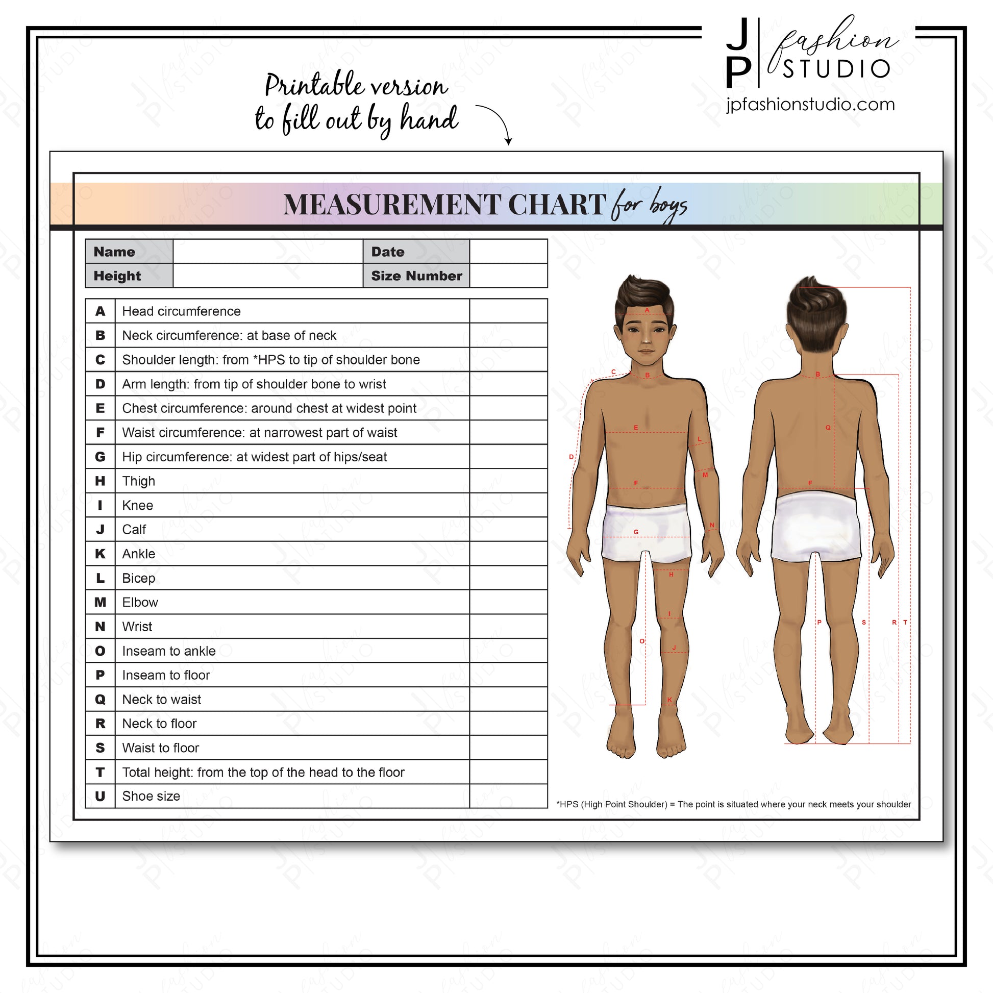 PRINTABLE Body Measurement Sheet for boys, Kids Fashion Designer Template, Children Sewing Measurement Sheet, PDF, JPG - JPFashionStudio