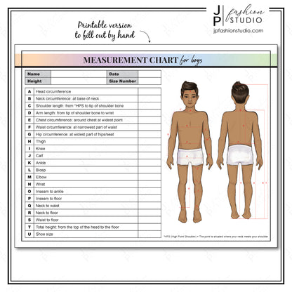 PRINTABLE Body Measurement Sheet for boys, Kids Fashion Designer Template, Children Sewing Measurement Sheet, PDF, JPG - JPFashionStudio