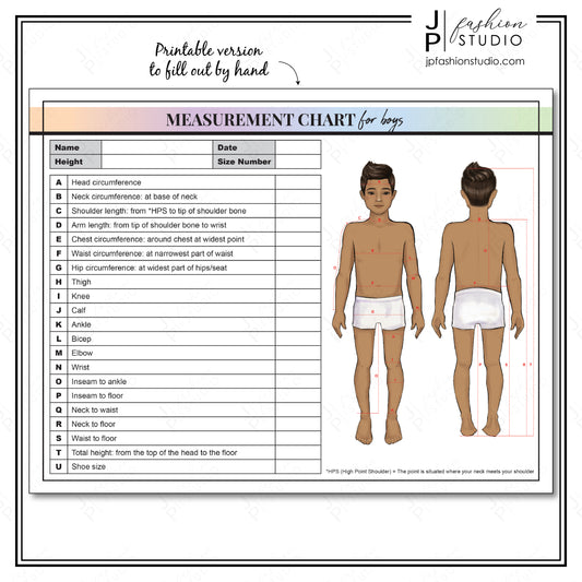 PRINTABLE Body Measurement Sheet for boys, Kids Fashion Designer Template, Children Sewing Measurement Sheet, PDF, JPG - JPFashionStudio