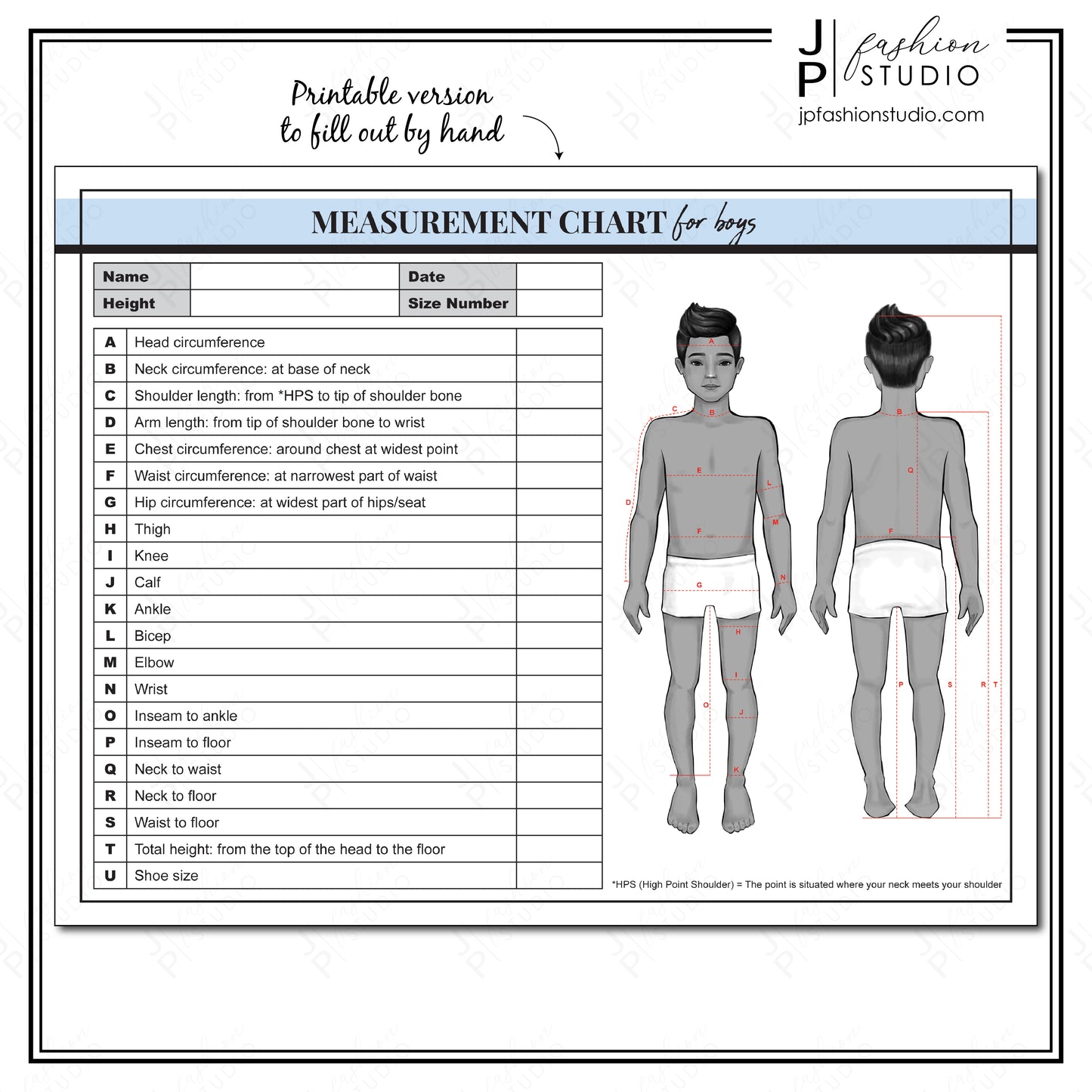 PRINTABLE Boys Body Measurement Sheet / Kids Fashion Designer Template / Children Sewing Measurement Sheet / PDF , JPG