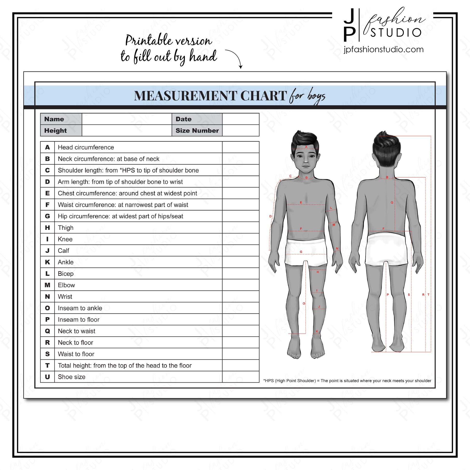 PRINTABLE Boys Body Measurement Sheet / Kids Fashion Designer Template / Children Sewing Measurement Sheet / PDF , JPG