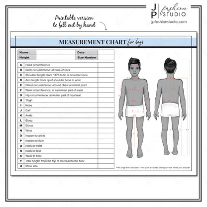 PRINTABLE Boys Body Measurement Sheet / Kids Fashion Designer Template / Children Sewing Measurement Sheet / PDF , JPG
