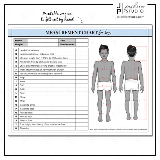 PRINTABLE Boys Body Measurement Sheet / Kids Fashion Designer Template / Children Sewing Measurement Sheet / PDF , JPG